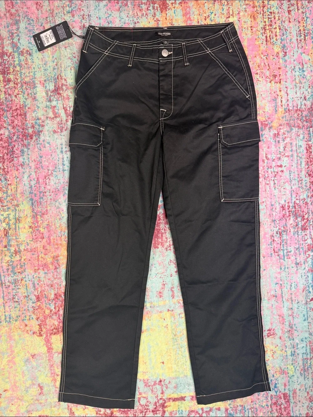 True Religion Black Cargo Jeans with Contrast Stitching